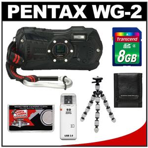 Pentax Optio WG-2 Shock & Waterproof Digital Camera (Black) with 8GB Card + Tripod + Case + Accessory Kit - Digital Cameras and Accessories - Hip Lens.com
