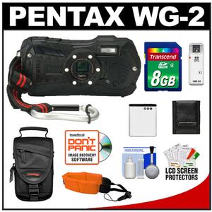 Pentax Optio WG-2 Shock & Waterproof Digital Camera (Black) with 8GB Card + Battery + Case + Float Strap + Accessory Kit - Digital Cameras and Accessories - Hip Lens.com