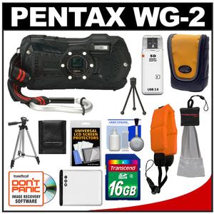 Pentax Optio WG-2 Shock & Waterproof Digital Camera (Black) with 16GB Card + Battery + Tripod + Case + Float Strap + Accessory Kit - Digital Cameras and Accessories - Hip Lens.com