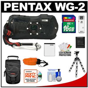 Pentax Optio WG-2 Shock & Waterproof Digital Camera (Black) with 16GB Card + Battery + Tripod + Case + Float Strap + Accessory Kit - Digital Cameras and Accessories - Hip Lens.com