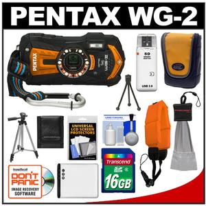 Pentax Optio WG-2 Shock & Waterproof GPS Digital Camera (Shiny Orange) with 16GB Card + Battery + Tripod + Case + Float Strap + Accessory Kit - Digital Cameras and Accessories - Hip Lens.com
