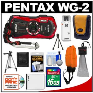 Pentax Optio WG-2 Shock & Waterproof Digital Camera (Vermillion Red) with 16GB Card + Battery + Tripod + Case + Float Strap + Accessory Kit - Digital Cameras and Accessories - Hip Lens.com