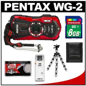 Pentax Optio WG-2 Shock & Waterproof Digital Camera (Vermillion Red) with 8GB Card + Tripod + Case + Accessory Kit - Digital Cameras and Accessories - Hip Lens.com