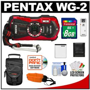 Pentax Optio WG-2 Shock & Waterproof Digital Camera (Vermillion Red) with 8GB Card + Battery + Case + Float Strap + Accessory Kit - Digital Cameras and Accessories - Hip Lens.com