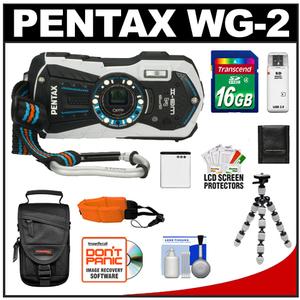 Pentax Optio WG-2 Shock & Waterproof GPS Digital Camera (Gloss White) with 16GB Card + Battery + Tripod + Case + Float Strap + Accessory Kit - Digital Cameras and Accessories - Hip Lens.com