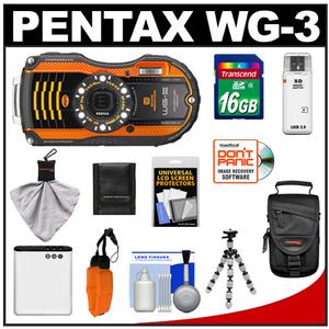 Pentax WG-3 Shock &amp; Waterproof Digital Camera (Orange) with 16GB Card + Battery + Case + Flex Tripod + Float Strap + Accessory Kit