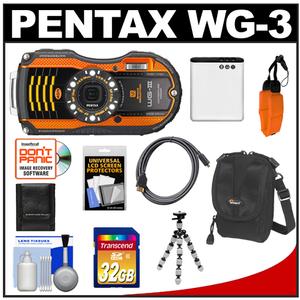 Pentax WG-3 Shock &amp; Waterproof Digital Camera (Orange) with 32GB Card + Battery + Case + Flex Tripod + Float Strap + HDMI Cable + Accessory Kit