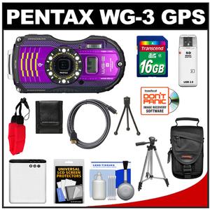 Pentax WG-3 Shock &amp; Waterproof GPS Digital Camera (Purple) with 16GB Card + Battery + Case + Tripods + Float Strap + HDMI Cable + Accessory Kit