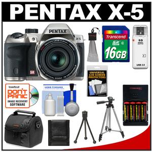 Pentax X-5 Megazoom Digital Camera (Silver) with 16GB Card + Batteries/Charger + Case + 2 Tripods + Accessory Kit