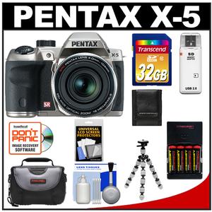 Pentax X-5 Megazoom Digital Camera (Silver) with 32GB Card + Batteries/Charger + Case + Flex Tripod + Accessory Kit