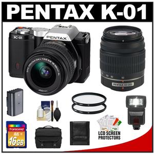 Pentax K-01 Digital SLR Camera Body with DA L 18-55mm and 50-200mm Lenses (Black) with 16GB Card + Flash + Case + Battery + 2 UV Filters + Accessory Kit - Digital Cameras and Accessories - Hip Lens.com