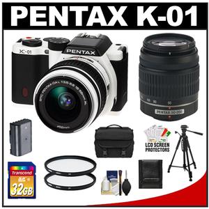Pentax K-01 Digital SLR Camera Body with DA L 18-55mm and 50-200mm Lenses (White) with 32GB Card + Case + Battery + 2 UV Filters + Tripod + Accessory Kit - Digital Cameras and Accessories - Hip Lens.com