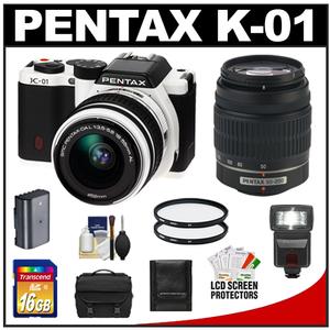 Pentax K-01 Digital SLR Camera Body with DA L 18-55mm and 50-200mm Lenses (White) with 16GB Card + Flash + Case + Battery + 2 UV Filters + Accessory Kit - Digital Cameras and Accessories - Hip Lens.com