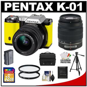 Pentax K-01 Digital SLR Camera Body with DA L 18-55mm and 50-200mm Lenses (Yellow) with 32GB Card + Case + Battery + 2 UV Filters + Tripod + Accessory Kit - Digital Cameras and Accessories - Hip Lens.com