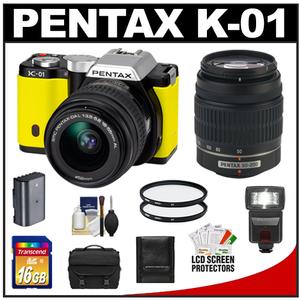 Pentax K-01 Digital SLR Camera Body with DA L 18-55mm and 50-200mm Lenses (Yellow) with 16GB Card + Flash + Case + Battery + 2 UV Filters + Accessory Kit - Digital Cameras and Accessories - Hip Lens.com