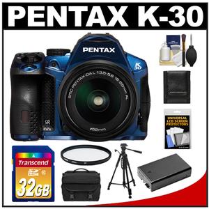 Pentax K-30 Weather Sealed Digital SLR Camera with DA L 18-55mm Lens (Blue) with 32GB Card + Case + Battery + Tripod + Filter + Accessory Kit - Digital Cameras and Accessories - Hip Lens.com