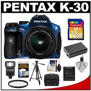Pentax K-30 Weather Sealed Digital SLR Camera with DA L 18-55mm Lens (Blue) with 32GB Card + Case + Battery + Flash + Tripod + Filter + Accessory Kit - Digital Cameras and Accessories - Hip Lens.com