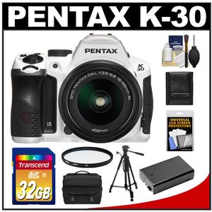 Pentax K-30 Weather Sealed Digital SLR Camera with DA L 18-55mm Lens (White) with 32GB Card + Case + Battery + Tripod + Filter + Accessory Kit - Digital Cameras and Accessories - Hip Lens.com