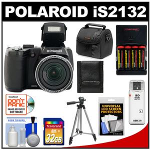 Polaroid iS2132 16MP 21x Zoom Digital Still Camera (Black) with 32GB Card + Case + Batteries & Charger + Tripod + Accessory Kit