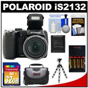 Polaroid iS2132 16MP 21x Zoom Digital Still Camera (Black) with 32GB Card + Case + Batteries & Charger + Flex Tripod + Accessory Kit