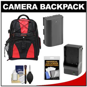 Precision Design Multi-Use Laptop/Tablet Digital SLR Camera Backpack Case (Black/Red) with LP-E6 Battery & Charger + Accessory Kit