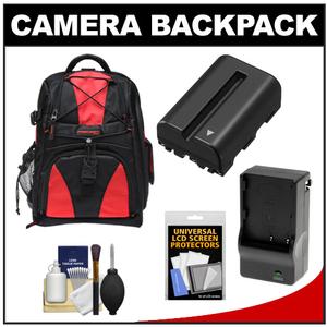 Precision Design Multi-Use Laptop/Tablet Digital SLR Camera Backpack Case (Black/Red) with NP-FM500H Battery & Charger + Accessory Kit