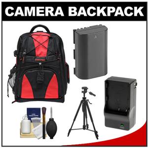 Precision Design Multi-Use Laptop/Tablet Digital SLR Camera Backpack Case (Black/Red) with LP-E6 Battery & Charger + Tripod + Accessory Kit