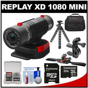 Replay XD 1080 Mini Digital HD Video Camera Camcorder with 32GB Card + Vented Helmet & Handlebar Bike Mounts + Case + Tripod + Kit