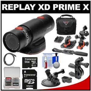 Replay XD Prime X Waterproof Wi-Fi HD Action Video Camera Camcorder with 64GB Card + 2 Helmet Flat Surface Suction Cup & Bike Handlebar Mounts + Case + Kit