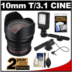 Rokinon 10mm T/3.1 Cine Wide Angle Lens (for Video DSLR Olympus/Panasonic Micro 4/3) with 2 Year Ext. Warranty + LED Video Light + Microphone Kit