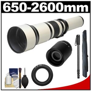 Rokinon 650-1300mm f/8-16 Telephoto Lens (White) & 2x Teleconverter with Monopod + Accessory Kit for Nikon 1 J1 J2 V1 Digital Cameras - Digital Cameras and Accessories - Hip Lens.com