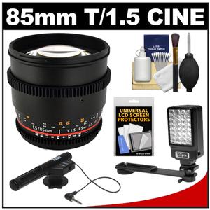 Rokinon 85mm T/1.5 Cine AS IF MF Telephoto Lens (for Video DSLR Canon EOS Cameras) with Microphone + LED Light & Bracket + Accessory Kit Rokinon 85mm T/1.5 Cine AS IF MF Telephoto Lens (for Video DSLR Canon EOS Cameras) with Microphone + LED Light & Bracket + Accessory Kit