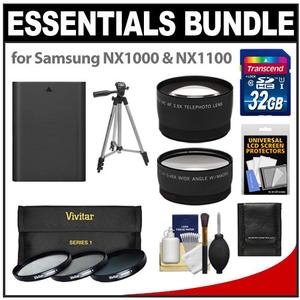 Essentials Bundle for Samsung NX1000 & NX1100 Digital Camera and 20-50mm Lens with BP1030 Battery + 32GB Card + 3 UV/CPL/ND8 Filters + Tripod + Tele/Wide Lenses Kit