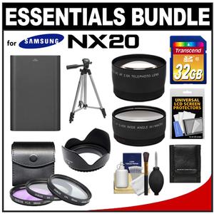 Essentials Bundle for Samsung NX20 Digital Camera and 18-55mm Lens with BP1310 Battery + 32GB Card + 3 Filters + Hood + Tripod + Tele/Wide Lenses Kit - Digital Cameras and Accessories - Hip Lens.com