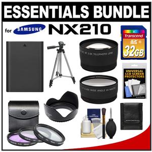 Essentials Bundle for Samsung NX210 Digital Camera and 18-55mm Lens with BP1030 Battery + 32GB Card + 3 Filters + Hood + Tripod + Tele/Wide Lenses Kit - Digital Cameras and Accessories - Hip Lens.com