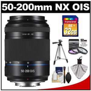 Samsung 50-200mm f/4.0-5.6 NX ED OIS II Telephoto Zoom Lens (Black) with 32GB SD Card + 3 (UV/FLD/CPL) Filters + Tripod + Accessory Kit - Digital Cameras and Accessories - Hip Lens.com