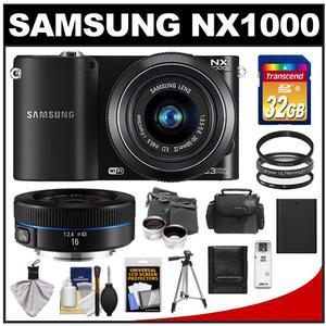 Samsung NX1000 Smart Wi-Fi Digital Camera Body & 20-50mm & 16mm f/2.4 Lens (Black) with 32GB Card + Case + Battery + Tripod + 2 Lens Set + Filters + Accessory K - Digital Cameras and Accessories - Hip Lens.com