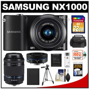 Samsung NX1000 Smart Wi-Fi Digital Camera Body & 20-50mm & 16mm f/2.4 Lens (Black) with 50-200mm NX OIS Lens + 32GB Card + Case + Battery + Tripod + Accessory K - Digital Cameras and Accessories - Hip Lens.com