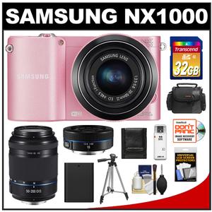 Samsung NX1000 Smart Wi-Fi Digital Camera Body & 20-50mm & 16mm f/2.4 Lens (Pink) with 50-200mm NX OIS Lens + 32GB Card + Case + Battery + Tripod + Accessory Ki - Digital Cameras and Accessories - Hip Lens.com