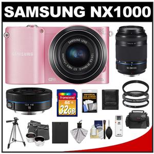 Samsung NX1000 Smart Wi-Fi Digital Camera Body & 20-50mm & 16mm f/2.4 Lens (Pink) with 50-200mm NX OIS Lens + 32GB Card + Case + Tripod + Lens Set + Filters + A - Digital Cameras and Accessories - Hip Lens.com