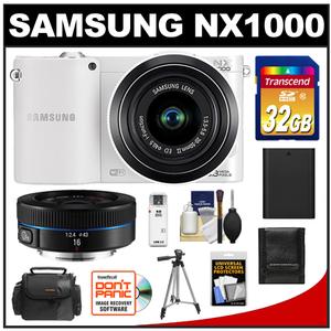 Samsung NX1000 Smart Wi-Fi Digital Camera Body & 20-50mm & 16mm f/2.4 Lens (White) with 32GB Card + Case + Battery + Tripod + Accessory Kit - Digital Cameras and Accessories - Hip Lens.com