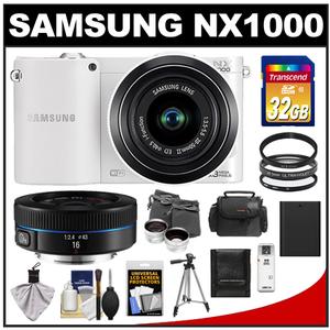 Samsung NX1000 Smart Wi-Fi Digital Camera Body & 20-50mm & 16mm f/2.4 Lens (White) with 32GB Card + Case + Battery + Tripod + 2 Lens Set + Filters + Accessory K - Digital Cameras and Accessories - Hip Lens.com
