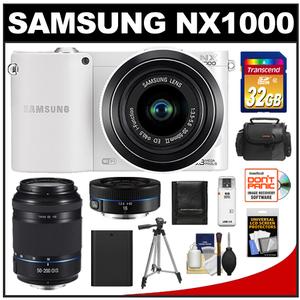 Samsung NX1000 Smart Wi-Fi Digital Camera Body & 20-50mm & 16mm f/2.4 Lens (White) with 50-200mm NX OIS Lens + 32GB Card + Case + Battery + Tripod + Accessory K - Digital Cameras and Accessories - Hip Lens.com