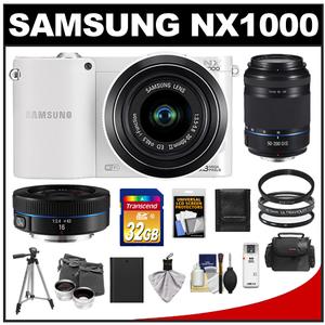 Samsung NX1000 Smart Wi-Fi Digital Camera Body & 20-50mm & 16mm f/2.4 Lens (White) with 50-200mm NX OIS Lens + 32GB Card + Case + Tripod + Lens Set + Filters +  - Digital Cameras and Accessories - Hip Lens.com