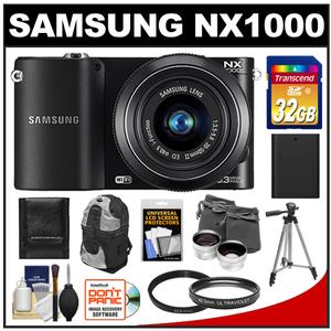 Samsung NX1000 Smart Wi-Fi Digital Camera Body & 20-50mm Lens (Black) with 32GB Card + Case + Battery + Tripod + 2 Lens Set + Filter + Accessory Kit - Digital Cameras and Accessories - Hip Lens.com