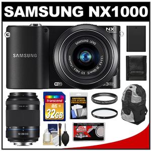 Samsung NX1000 Smart Wi-Fi Digital Camera Body & 20-50mm Lens (Black) with 50-200mm NX OIS Lens + 32GB Card + Case + Battery + Filters + Accessory Kit - Digital Cameras and Accessories - Hip Lens.com