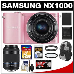 Samsung NX1000 Smart Wi-Fi Digital Camera Body & 20-50mm Lens (Pink) with 50-200mm NX OIS Lens + 32GB Card + Case + Battery + Filters + Accessory Kit - Digital Cameras and Accessories - Hip Lens.com
