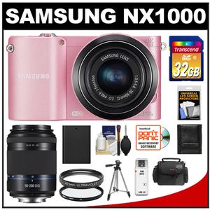 Samsung NX1000 Smart Wi-Fi Digital Camera Body & 20-50mm Lens (Pink) with 50-200mm NX OIS Lens + 32GB Card + Case + Battery + Tripod + Filters + Accessory Kit - Digital Cameras and Accessories - Hip Lens.com