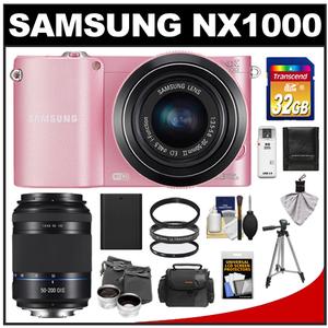Samsung NX1000 Smart Wi-Fi Digital Camera Body & 20-50mm Lens (Pink) with 50-200mm NX OIS Lens + 32GB Card + Case + Battery + Tripod + 2 Lens Set + Filters - Digital Cameras and Accessories - Hip Lens.com