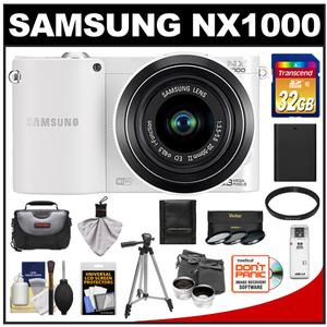 Samsung NX1000 Smart Wi-Fi Digital Camera Body & 20-50mm Lens (White) with 32GB Card + Case + Battery + Tripod + 2 Lens Set + Filters + Accessory Kit - Digital Cameras and Accessories - Hip Lens.com